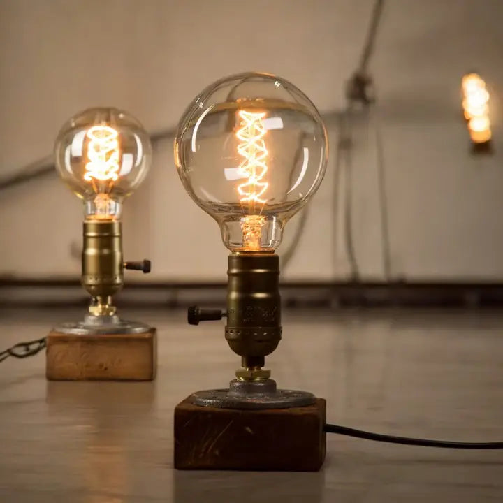 Industrial Led Table Lamp with Wood Base