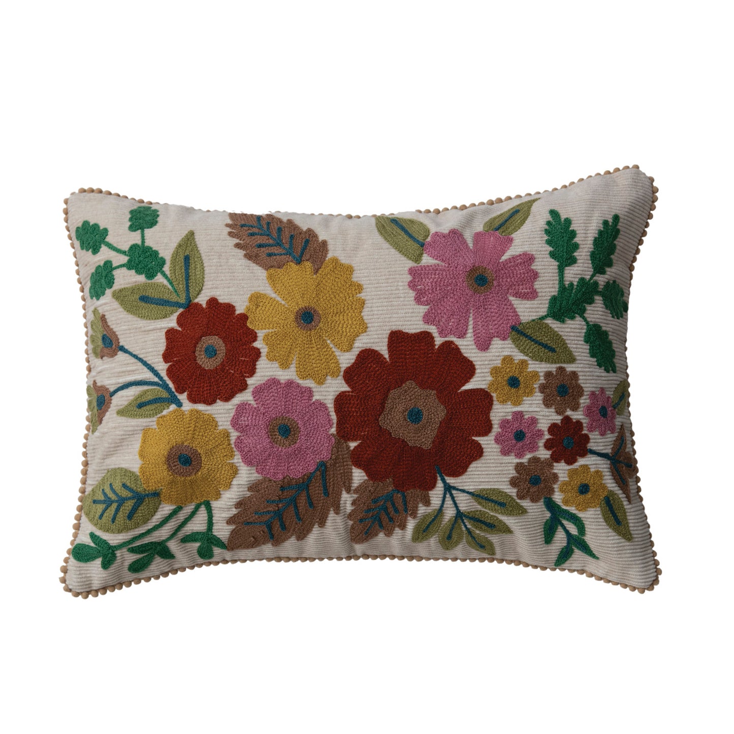 Corduroy Lumbar Pillow with Embroidered Flowers