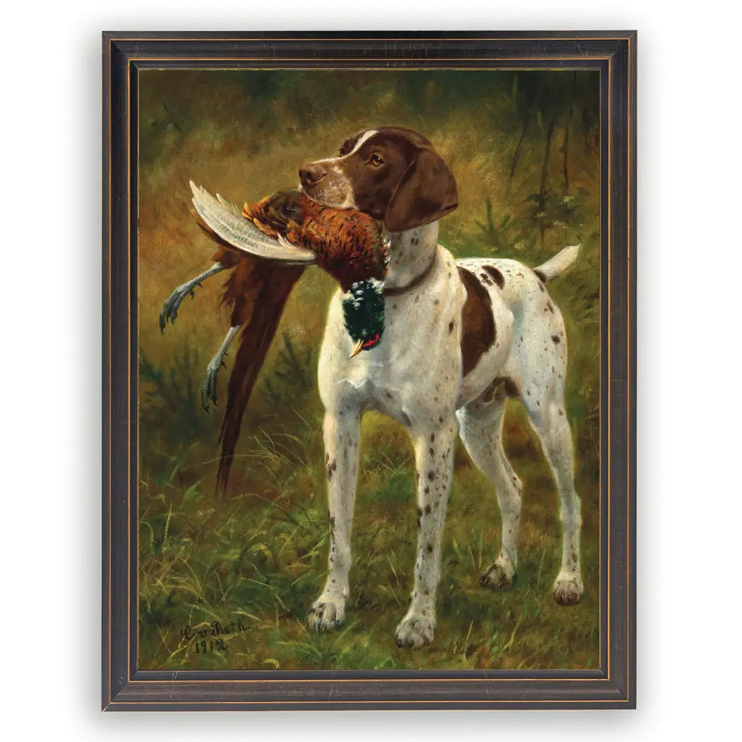 Framed Vintage Dog with Pheasant Oil Painting
