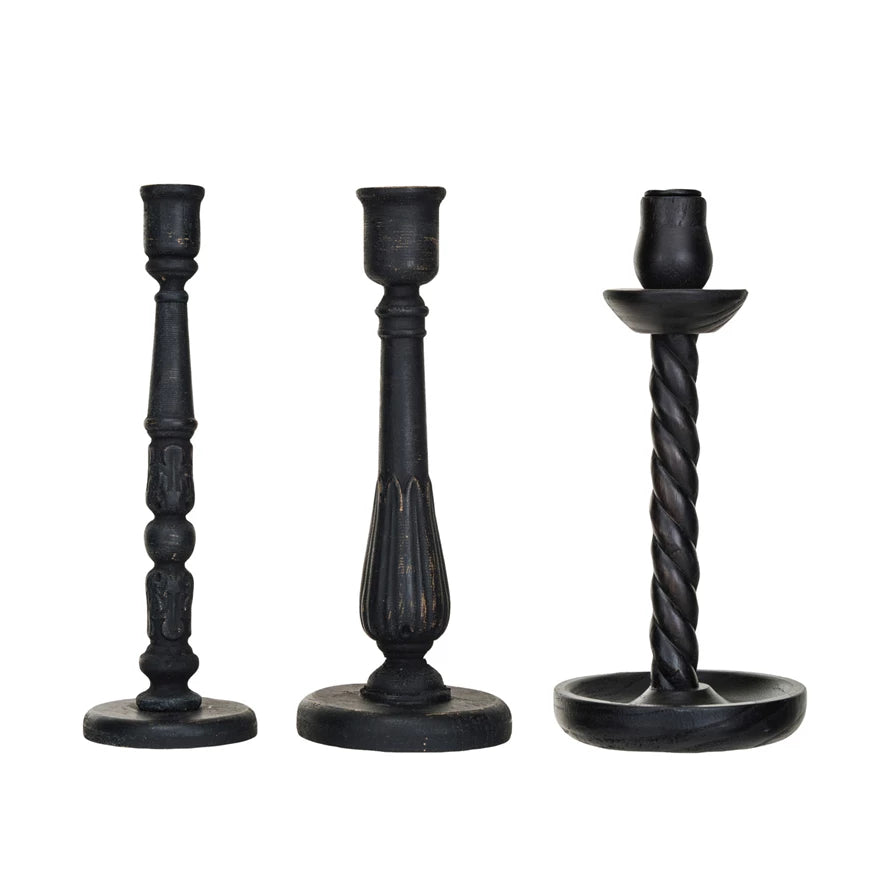 Distressed Black Wood Carved Taper Holder