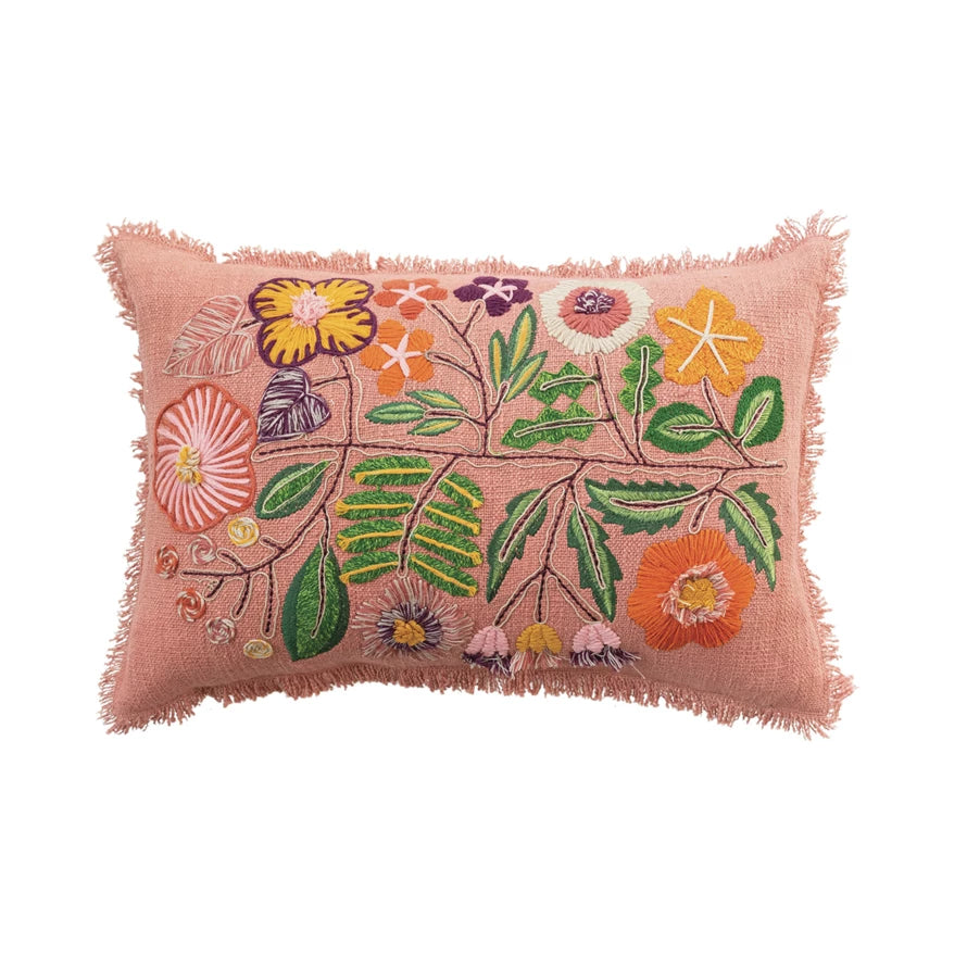 Embroidered Flowers Eyelash Fringe Pillow