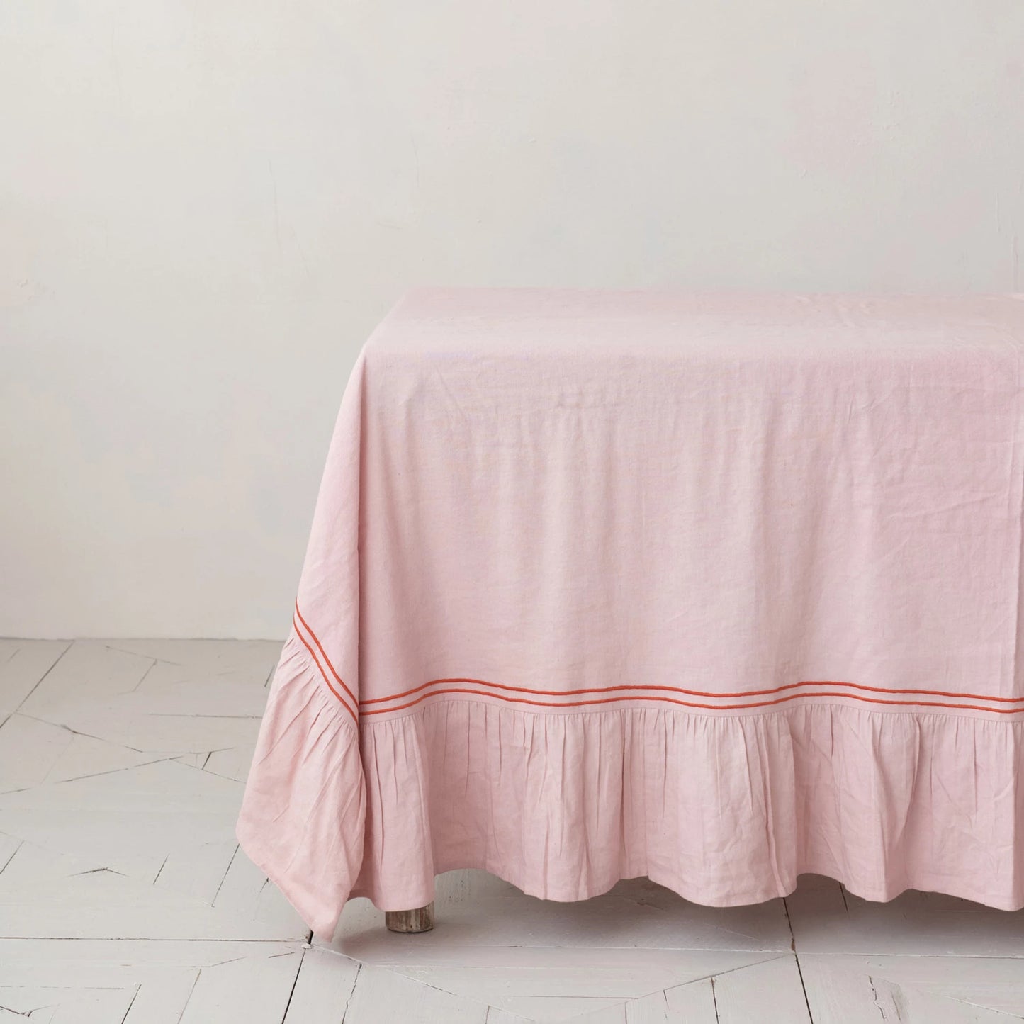 Pink Tablecloth w/ Embroidered Trim & Ruffled Edge