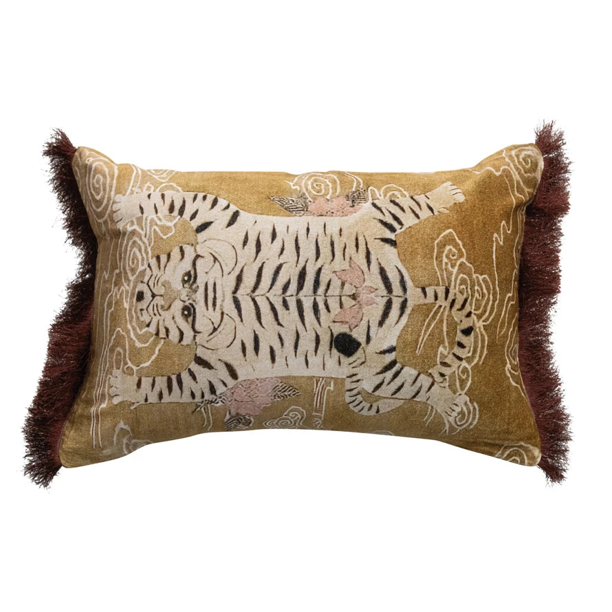 Cotton Velvet Pillow With Tibetan Tiger & Fringe