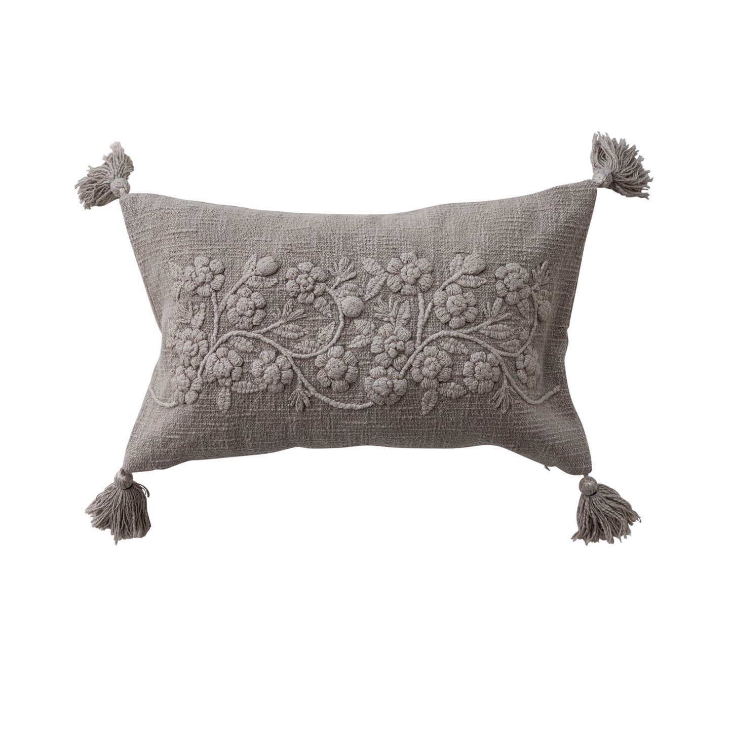 Taupe Lumbar Pillow with Embroidered Flowers & Tassels