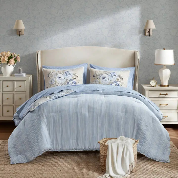 Blue Beige Vintage Floral Comforter Set