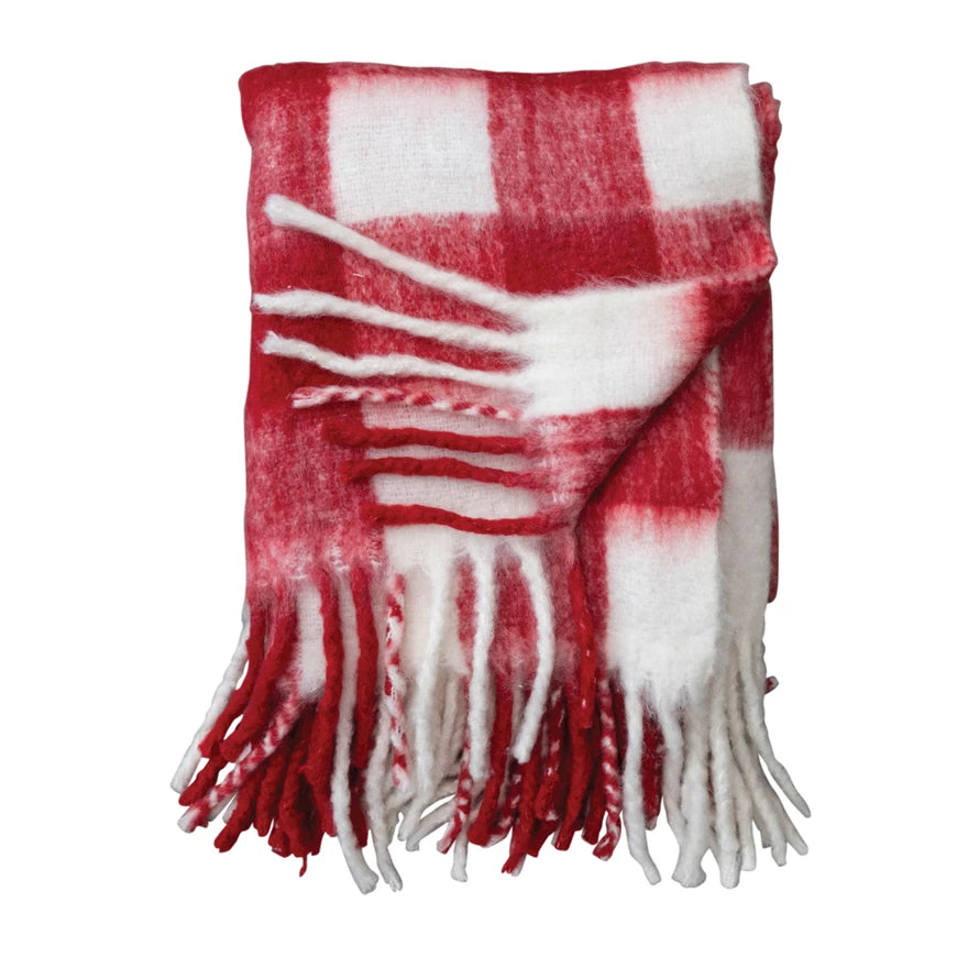 Red & White Plaid Throw With Fringe
