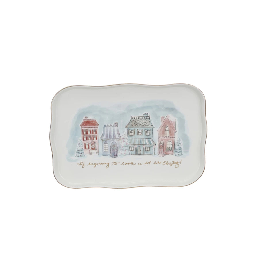 Stoneware Platter With Christmas Village Scene