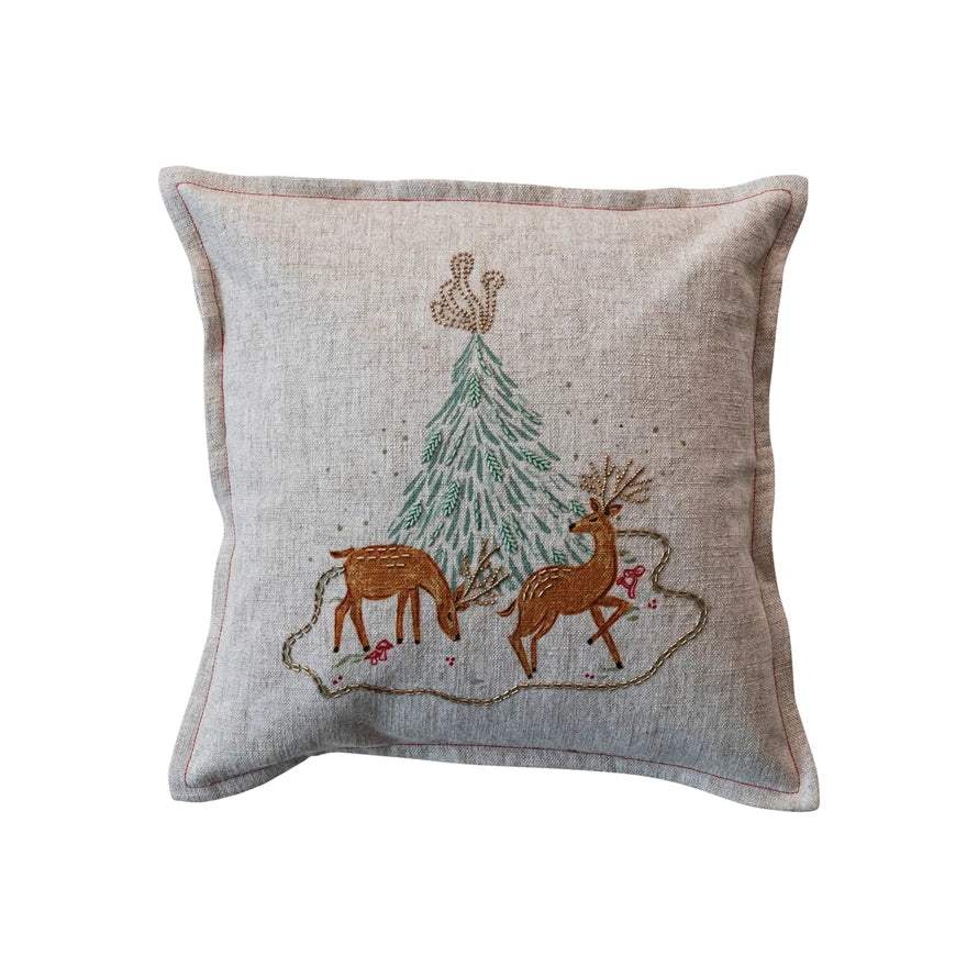 Embroidered Tree & Deer Pillow