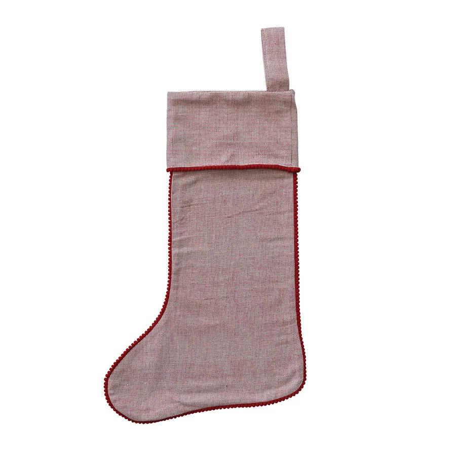 Woven Cotton Stocking With Red Pom Pom Trim
