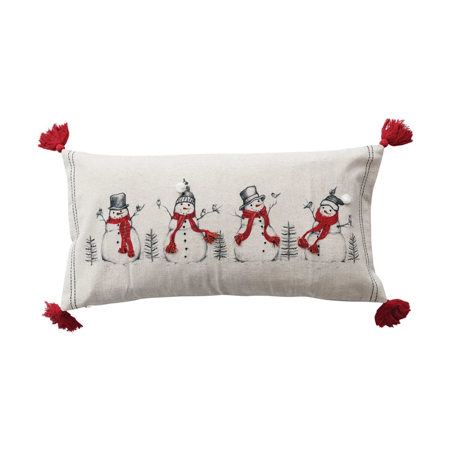 Lumbar Pillow With Embroidered Snowmen & Birds
