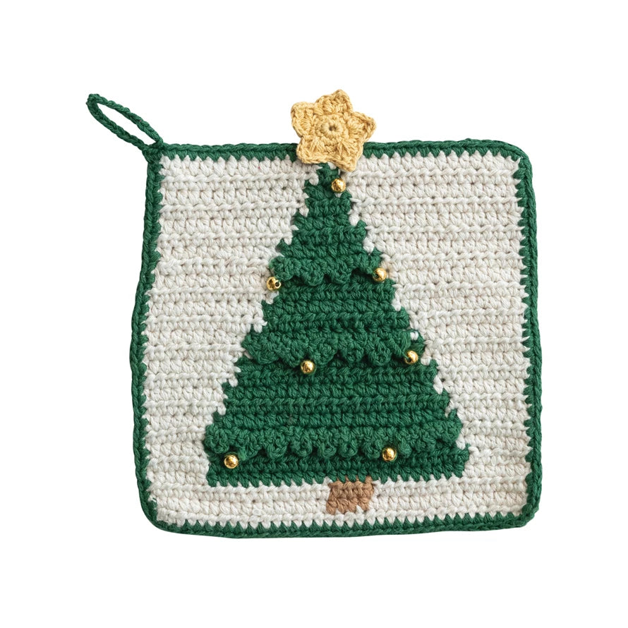 Cotton Crocheted Pot Holder With Christmas Tree