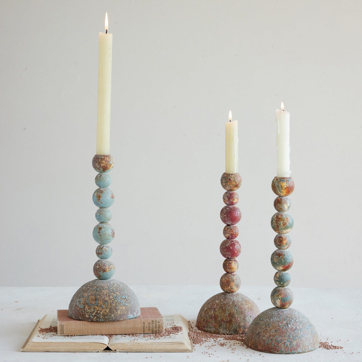Metal Stacked Ball Taper Holder With Distressed Finish