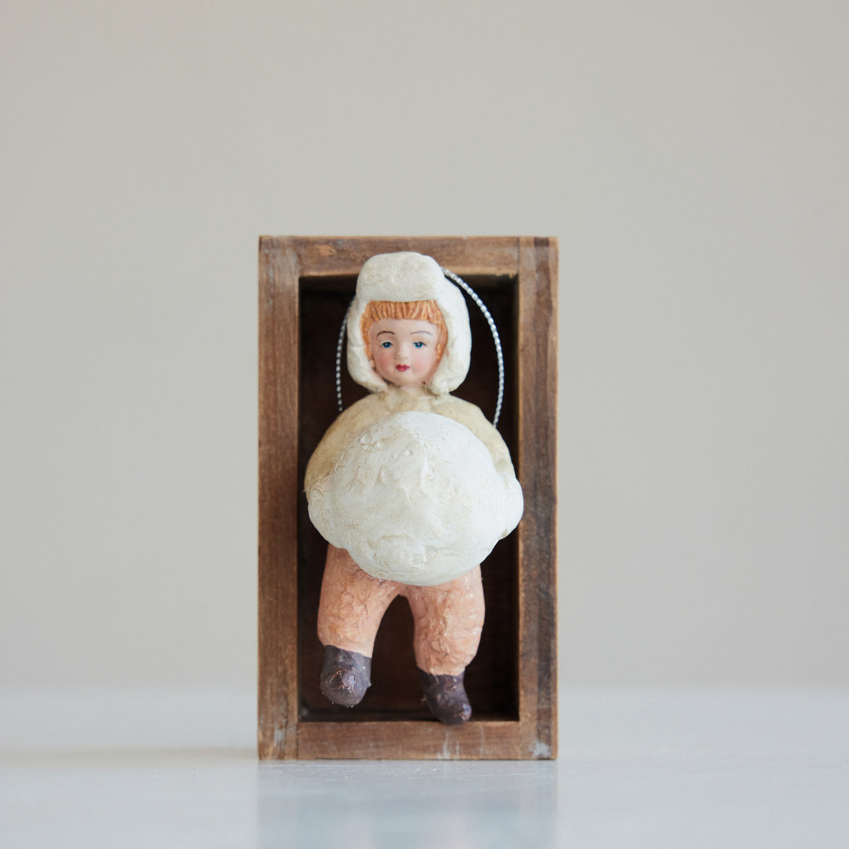 Handmade Paper Mache Boy With Snowball Ornament