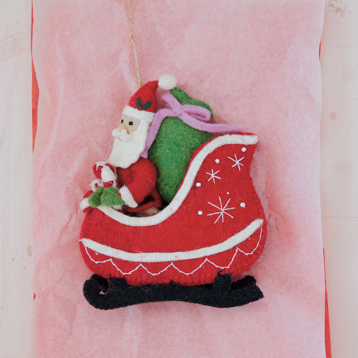 Santa In Sleigh Embroidered Felt Ornament