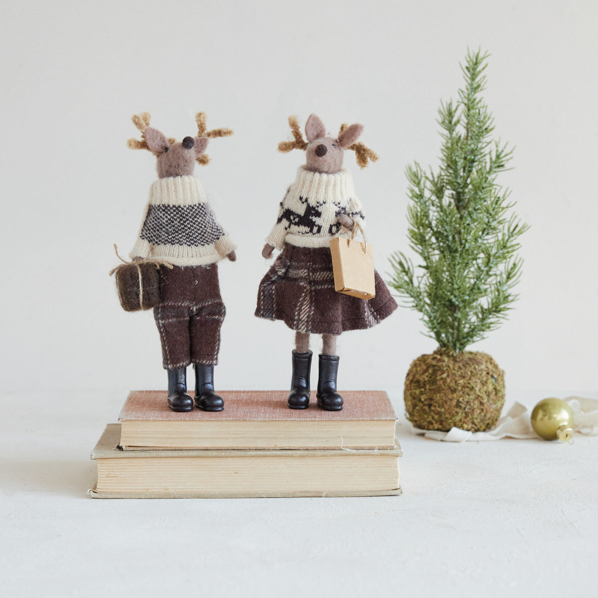 Felt Deer In Clothes & Resin Boots With Present Ornament