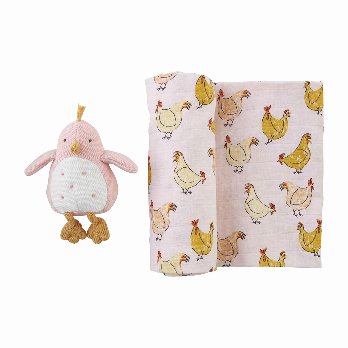 Farm Swaddle & Chicken Rattle Set