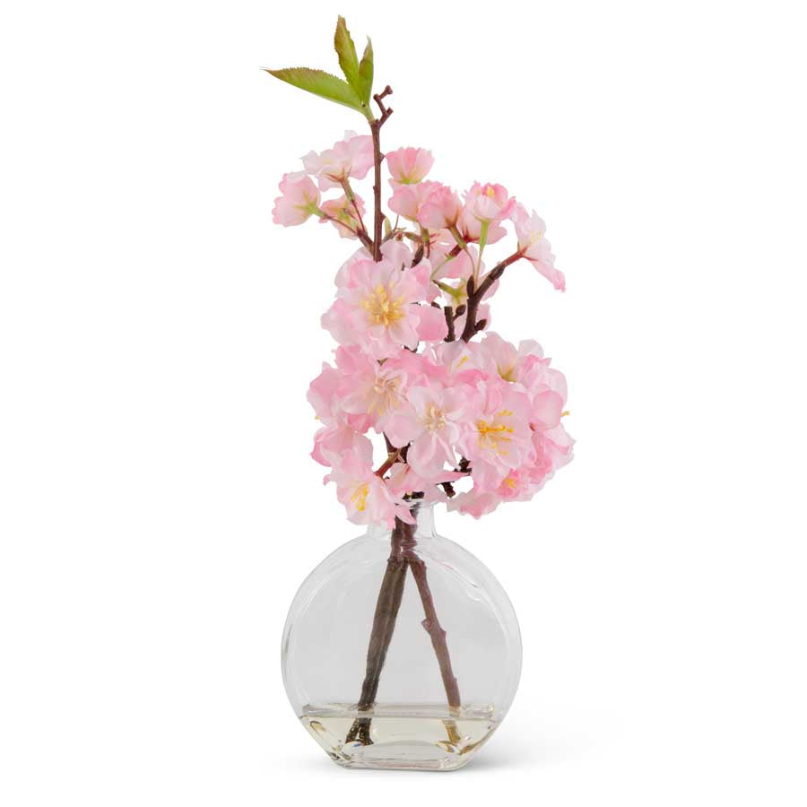 Pink Cherry Blossom In Flat Round Glass Vase