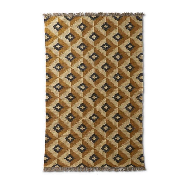 TAN BLACK & RUST TRIBAL PANJA HANDWOVEN RUG W/ FRINGE