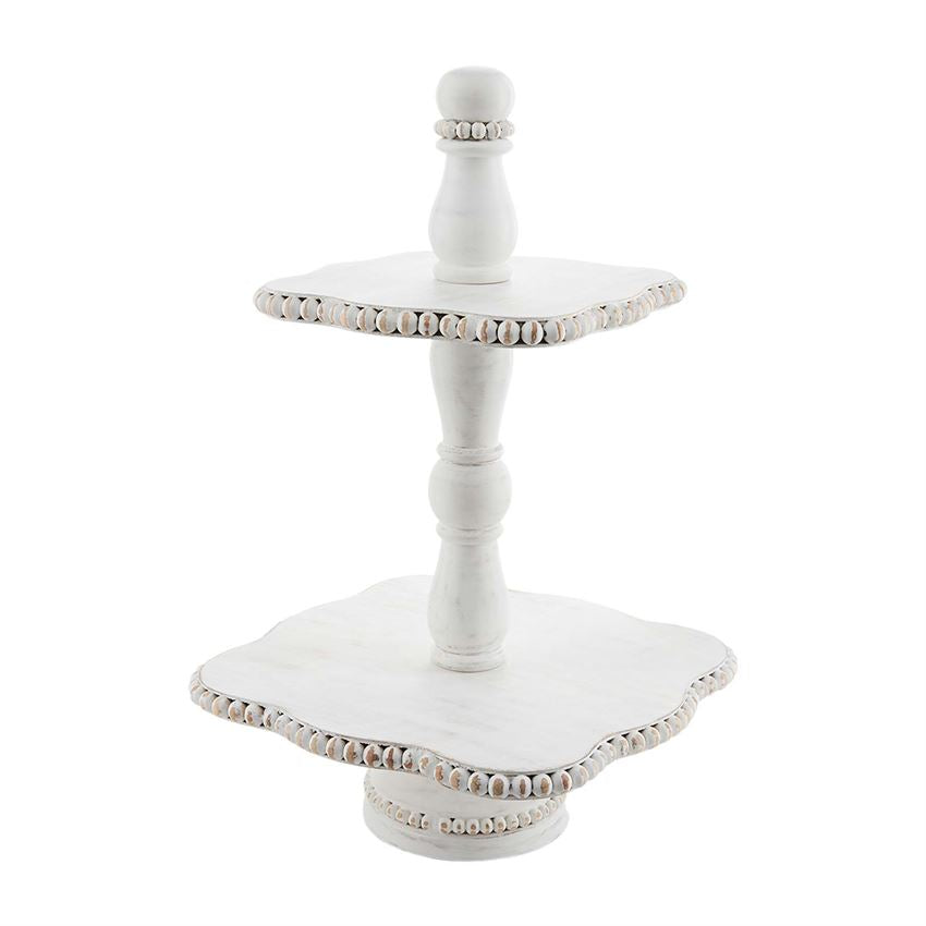 White Beaded Wood Tiered Stand