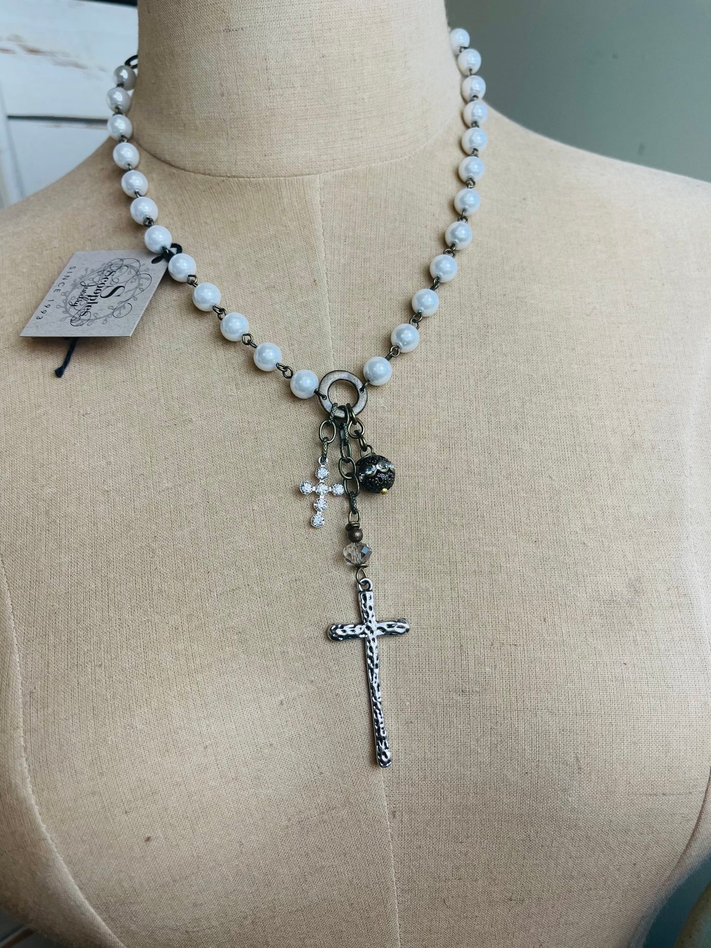 Pearl Hammered Cross Necklace