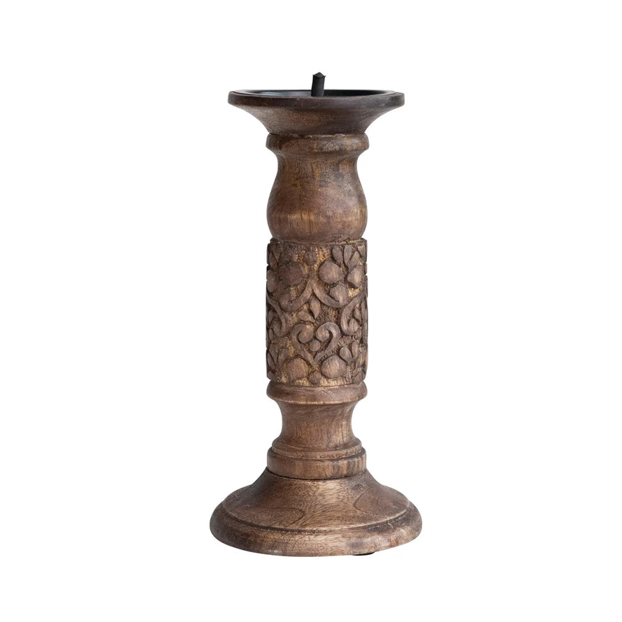 Hand-Carved Mango Wood Candle Holder - Walnut Finish