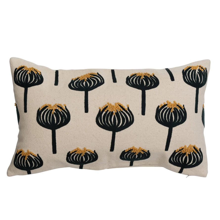 Flower Embroidery & French Knot Lumbar Pillow