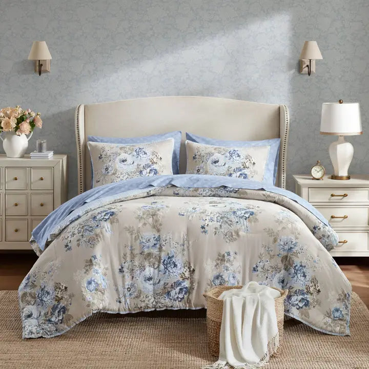Blue Beige Vintage Floral Comforter Set