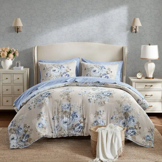 Blue Beige Vintage Floral Comforter Set