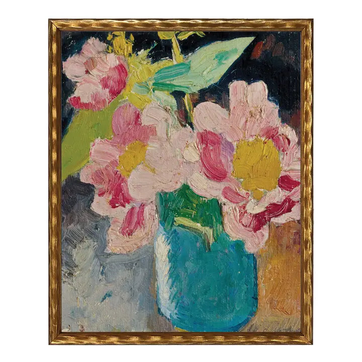 Vintage Oil Painting of Flowers in Blue Vase