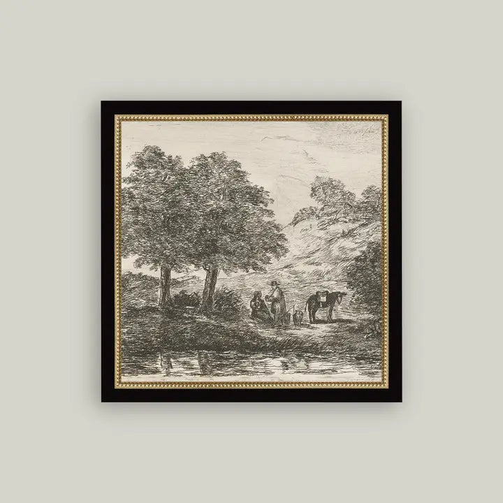 Landscape with Family Under Tree Framed Antique Art