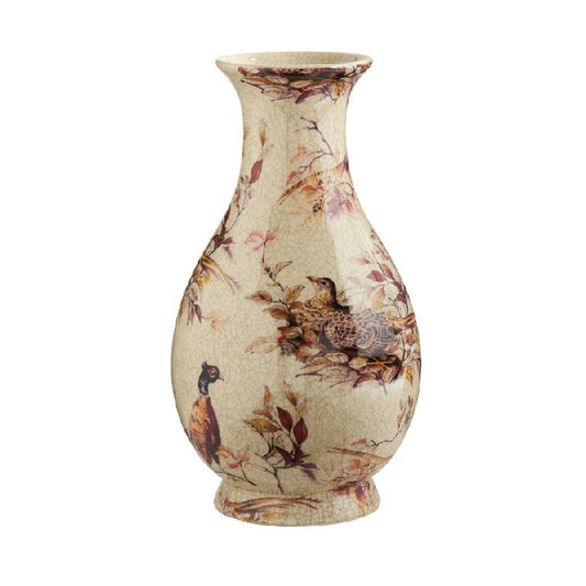 15.75 Inch White Crackled Ceramic Pheasant Vase