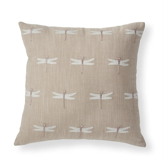 20 Inch Taupe Cotton Dragonfly Embroidered Pillow