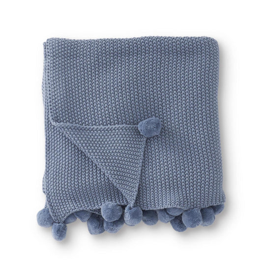Light Blue Knit Throw With Pom Pom Trim