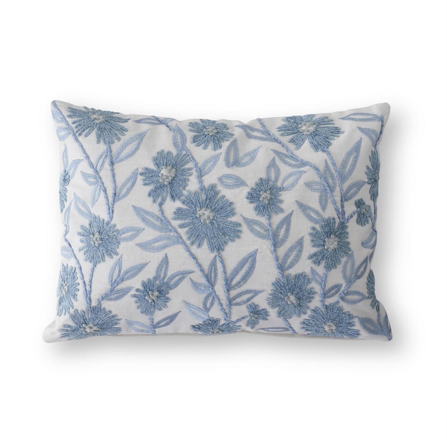 White Linen & Blue Embroidered Floral Lumbar Pillow