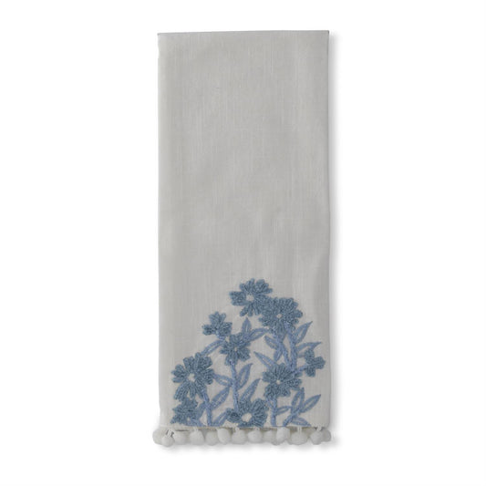 White Linen & Blue Embroidered Floral Hand Towel