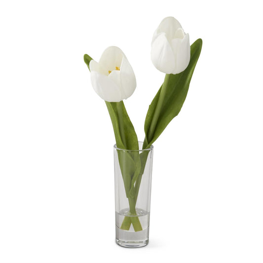 8.5 Inch White Real Touch Double Tulip Premade in Glass Vase