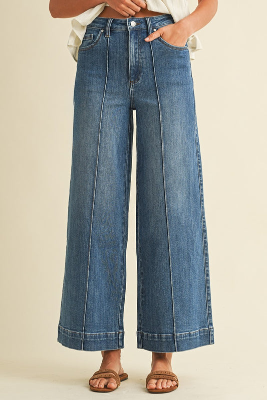 Stretch High Rise Pin Tuck Detail Wide Leg Jean