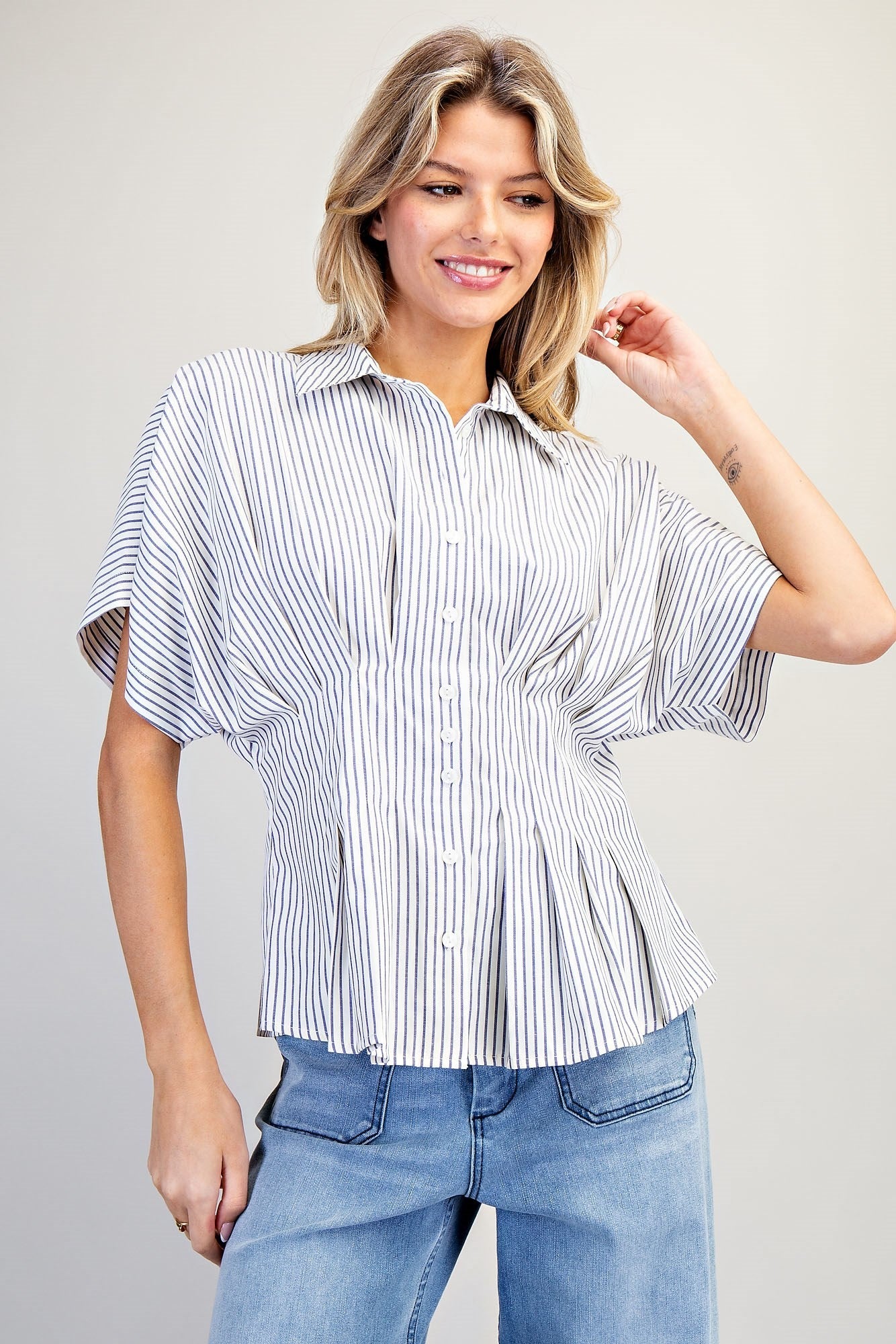 Striped Pleated Button Down Top