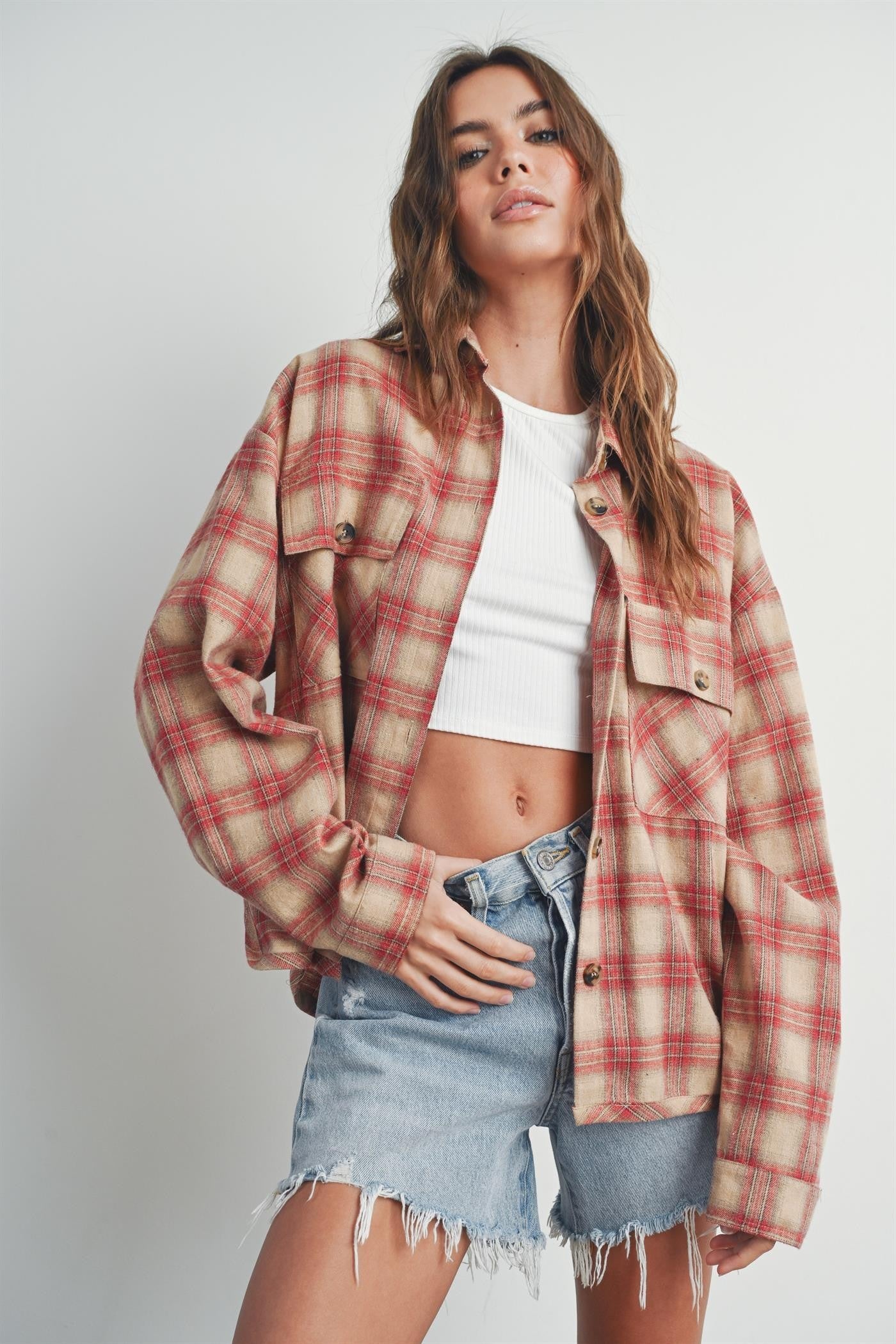 Red Plaid Long Sleeve Button Down Shacket