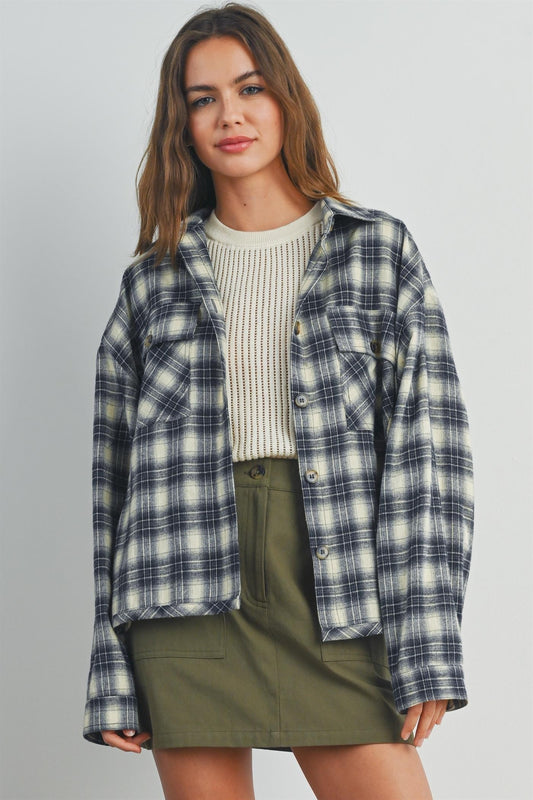 Navy Plaid Long Sleeve Button Down Shacket