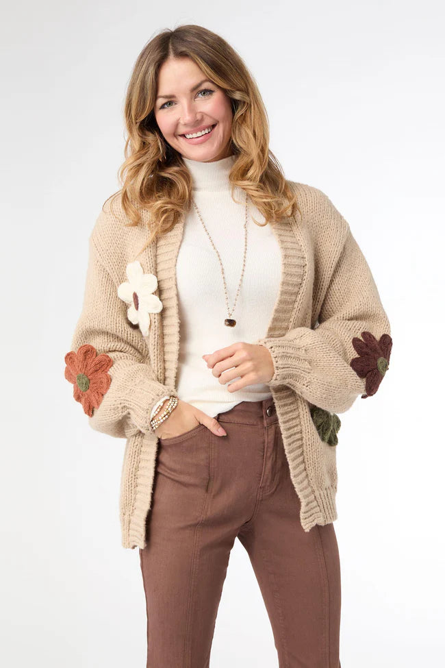 Caroline Open Cardigan with Flower Detail
