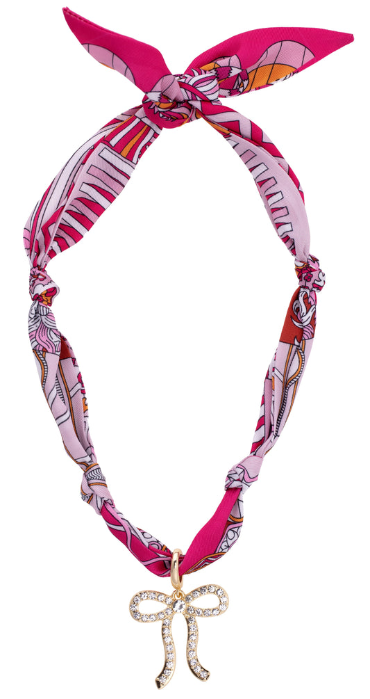 Cassie Pavé Bow Twilly Scarf Necklace in Fuchsia