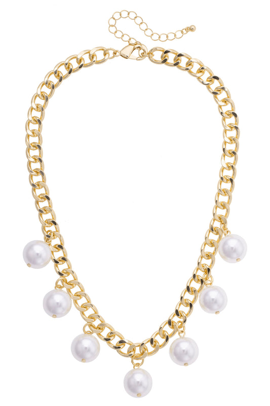 Maribel Pearl Statement Chain Necklace in Shiny Gold