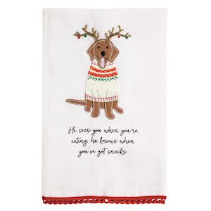 Embroidered Christmas Dog Tea Towel