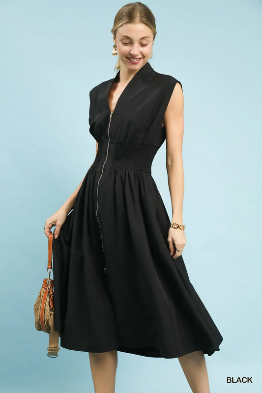 Black Front Zipper Sleeveless Dress