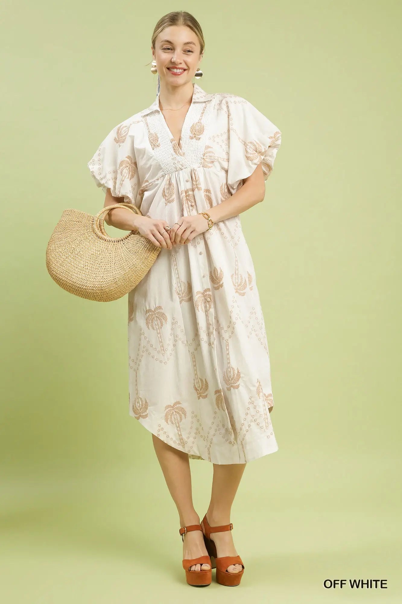 Embroidered Puff Sleeve Midi Dress