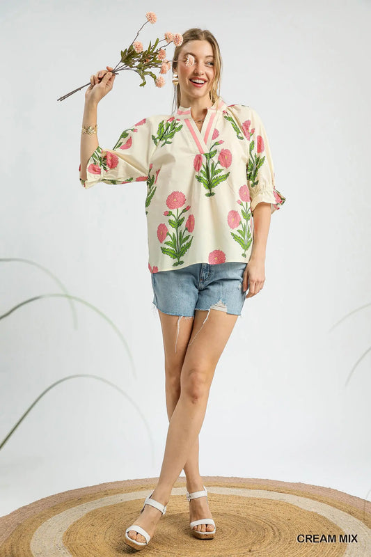 Floral Poplin Puff Sleeve Blouse