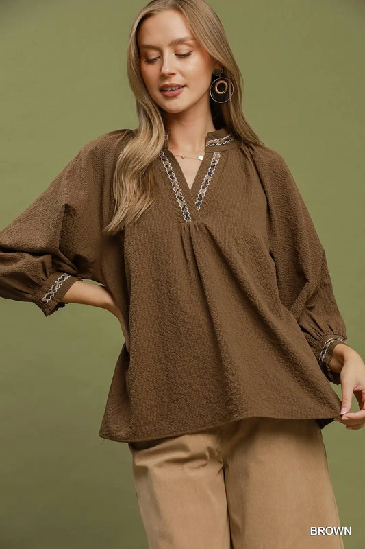 Puff Sleeves V Neck Collared Top