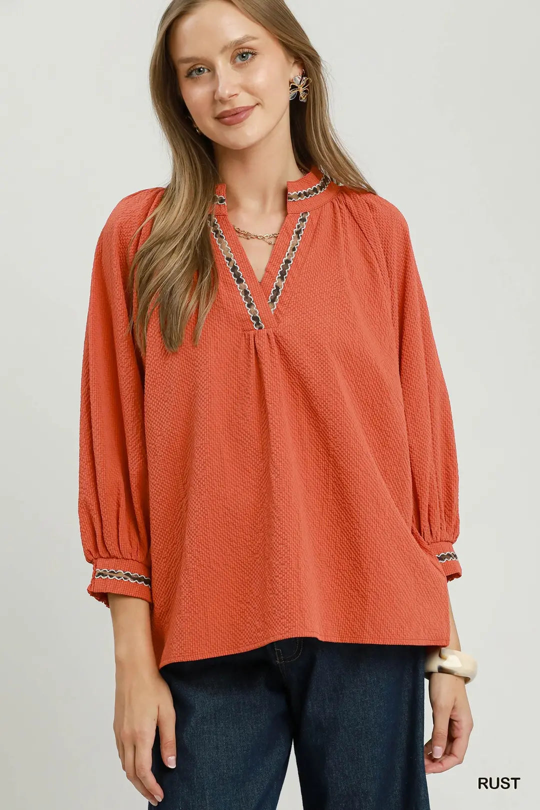 Puff Sleeves V Neck Collared Top