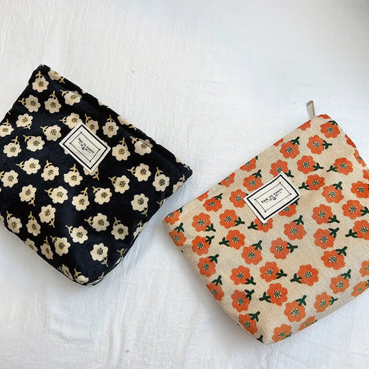 Retro Floral Corduroy Makeup Bag